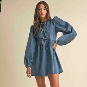 Luxe Blue Denim Tie-Front Casual Dress